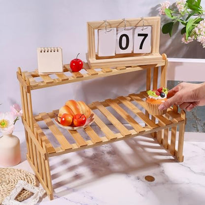 GLOBLELAND 15.7" 2-Tier Wooden Station Shelf Stand Adjustable Desktop Flower Pot Rack Storage Shelf Tabletop Plants Display Organizer for Balcony Tea Desktop Flower Pot Cup