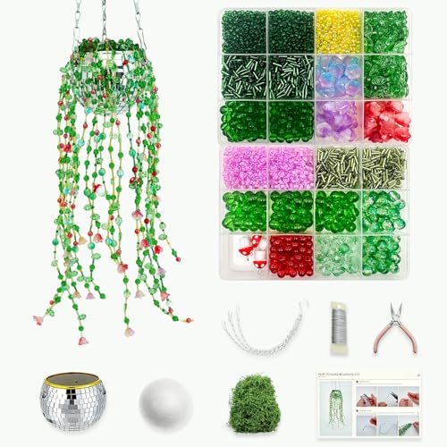 Bead Kit Green Glass Beaded Plant Kits Disco Ball Hanging Planter Gift | Crystal Sun Catcher Premium Glass Flower Leaf Seed Beads Craft Set for Adults Everlasting Botanical Suncatcher Window Decor - color: Green C
