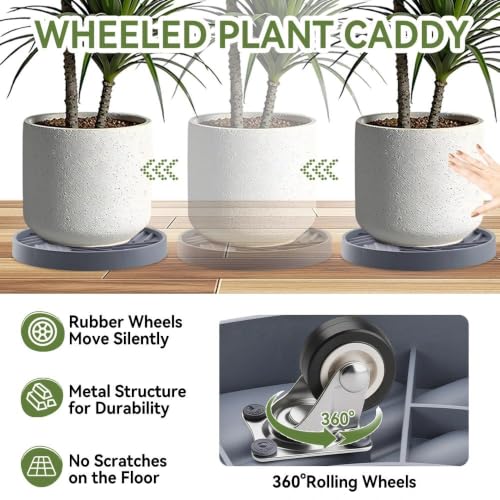 2 Pcs Plant Caddy with Hidden Wheels 11.22 Inch Heavy Duty Rolling Plant Stand, Indoor Outdoor Plant Saucer Tray with $9.9 Garden Tools (Gray) - size: 11.22 Inches of 2 Pack (Gray)