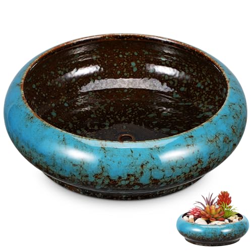 Toddmomy Lotus Flower Bowl Planter 6.88 Inch Round Shallow Ceramic Pot with Drainage Hole for Succulents Cacti Bonsai Indoor Plants Home Office Decor - size: 1pc