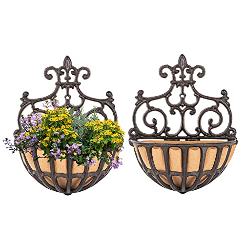 Sungmor 2PC Small Cast Iron Baskets, Heavy-Duty Wall Hanging Hollow Planter w/Fabric Liner, Antique Victoria Half Round Wall Pot Plants Holder, Outdoor Railing Fence Balcony Hanging Basket Flower Pot | Antique Victoria Half Round Wall Pot Plants Holder, O