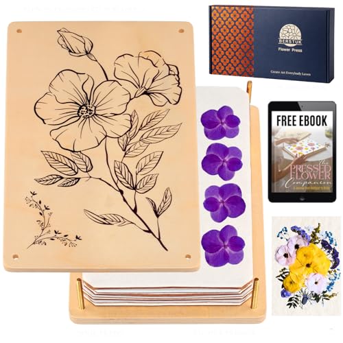 Berstuk Wooden Flower Press for Adults and Teens - Includes Expert Video Tutorials - Large Flower Press Kit 10.8" x 6.9" - Gift-Ready Packaging Ideal for Arts and Crafts Lovers | Wooden flower pressing kit with blotting paper sheets & expert video tutoria