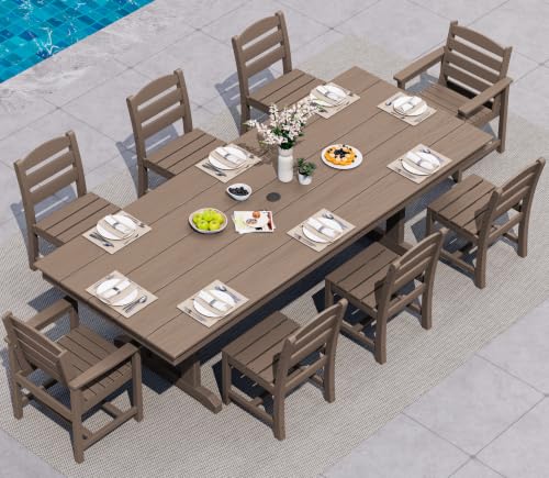 SERWALL 9Pcs HDPE Outdoor Dining Set w/6 Armless, 2 Armchairs for 8,Brown - color: Brown, size: 9-Piece (1 Table + 6 Armless Chair + 2 Armchairs)