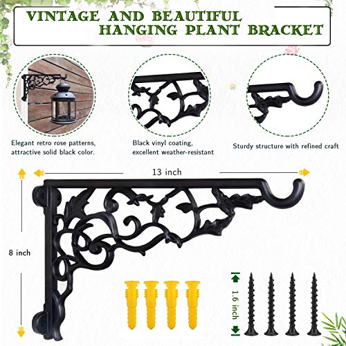 Heavy Duty Plant Hanger Bracket, 13" Aluminum Wall Hanging Plants Brackets | 120 LB Capacity, Rust Proof Hanging Plant Bracket for Outside Porch Patio, Bracket for Heavy Planters Bird Feeders, Lanterns - style: Rose vine shape