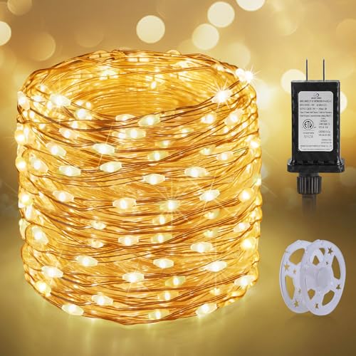 KNONEW 100FT 300LED Outdoor Fairy Lights Plug in Warm White Christmas Decor | Timer, Memory, Dimmable, Remote, Waterproof, Copper Wire, Flexible, for Garden, Wedding, Party, Indoor/Outdoor, Christmas - color: Warm White, size: 100FT 300 LED Copper-colored