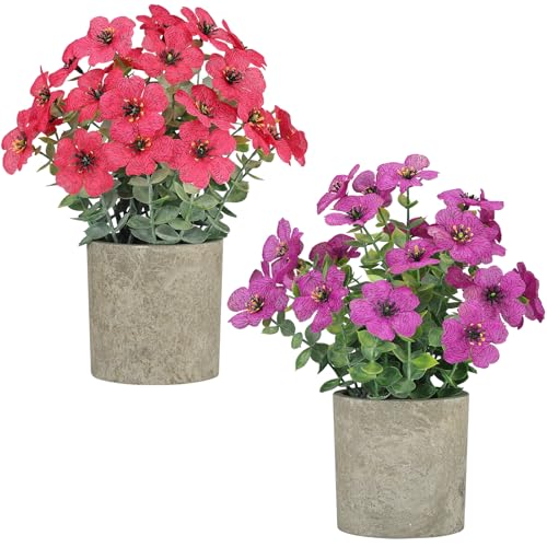 2 Pack Small Fake Plants Potted Artificial Plants Artificial Flowers Potted - color: Purple and Magenta