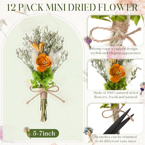 Layhit 12 Pcs Mini Dried Flower Bouquet Boho for Wedding,Camellia | Rustic Boutonniere Bridesmaid Gifts,Handmade Dry Flowers Decor, Bulk Dried Flowers in Vase, DIY Crafts Home Decor - style: Camellia