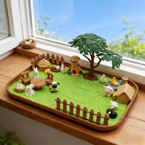 32 Pcs Zen Garden Kit for Desk, Mini Zen Sand Garden with Wooden Tray & Rake, Realistic Farm Animal & Figurines, Farmhouse Stress Relief Fidget Toy for Adults Home & Office, Mindfulness Gift