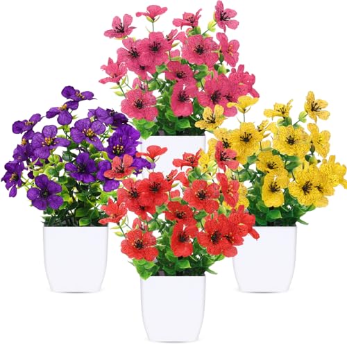 CEWOR Fake Plants 4 Packs Small Faux Potted Flower Daisy with Eucalyptus Leaves Decorations for Desk Bathroom Office Home Room Table Decor Indoor Outdoor - color: Mixed Orchid