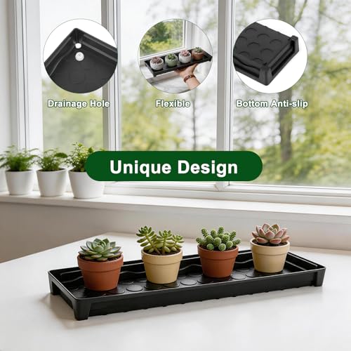 5 Pack Rectangular Plant Trays Saucers 16" Plastic Plant Pot with Drain Plugs for Indoors Outdoor 16x4.5x1.5 Black Windowsill Saucer Tray with Garden Tools - size: 16"x4.5"x1.5"(5 pack,Rectangle)
