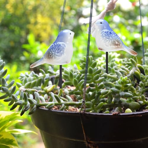 Sosation 2 Pcs Ceramic Bird Stakes, Mini Blue White for Flower Pot Bonsai