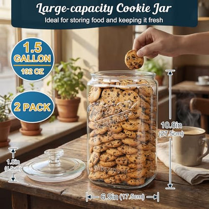Glass Cookie Jars with Lids Airtight, 1.5 Gallon Glass Jar, 2 Pack | 5.7''Wide Mouth, Glass Lid, Scale Mark, Heavy Duty Glass Canisters for Kitchen Counter, Pantry, Sugar, Dog Treat - size: 1.5 Gallon