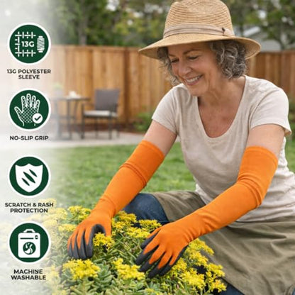 Long Sleeve Gardening Gloves Protection Sleeves, No-Slip Grip & Full Arm Guard Garden Cuffs; Durable, Protective - color: Orange, size: Large