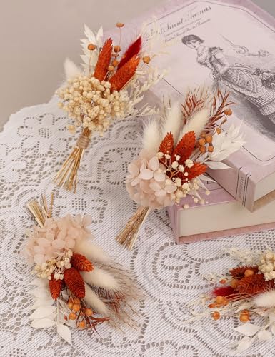 xin's convey Mini Dried Flower Bouquet Set of 6, Groom's and Best Man's Boutonnieres, Dried Flower Gift Box, Boho Wedding Plate Decoration, Birthday Cake Arrangement (Terracotta) - color: Terracotta