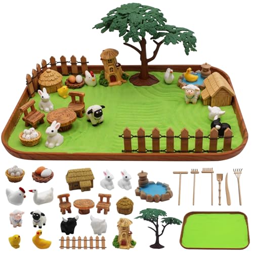 32 Pcs Zen Garden Kit for Desk, Mini Zen Sand Garden with Wooden Tray & Rake, Realistic Farm Animal & Figurines, Farmhouse Stress Relief Fidget Toy for Adults Home & Office, Mindfulness Gift