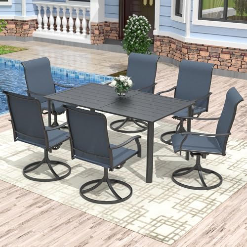 Anmutig 7-Piece Outdoor Patio Set, 63" Dining Table & Swivel Chairs, Blue | Powder-Coated Steel Frame, Weather-Resistant Textilene, Rust Resistant, Adjustable Umbrella Hole, Adjustable Feet, Outdoor - color: Blue, size: Table-63"*38"*29", style: Arm Style