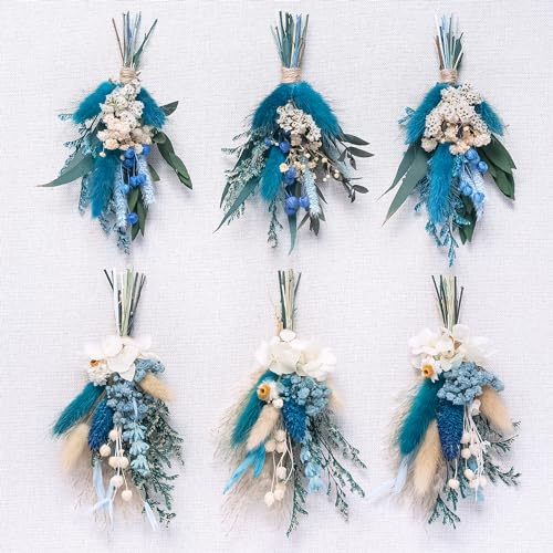 Mini Dried Flower Bouquets (Pack of 6), Blue DriedFlower Bouquets, Groomsmen and Groomsmen Boutonnieres, Dried Cake Flowers, Wall Decorations, Dried Card Flowers. (Grey Blue) - color: Grey Blue