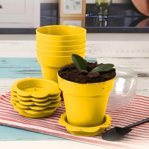20 Pcs Nursery Pots with Humidity Dome, Flower Pot Dessert Cups with Bring A Plate and Shovel, Planting Cups for Seeds for Indoor Gardening and Plant Propagation(Yellow) - color: Yellow