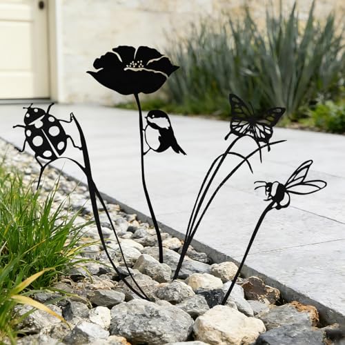 4-Pack Metal Yard Stakes for Outdoor, Black Bird Bee Butterfly Ladybug Set | Rust-Resistant Metal, Black Silhouette, Cute Insect Shapes, For Yard Flower Bed Planters Patio Lawn, Outdoor & Indoor Decor - color: Black Insect: 4-pack