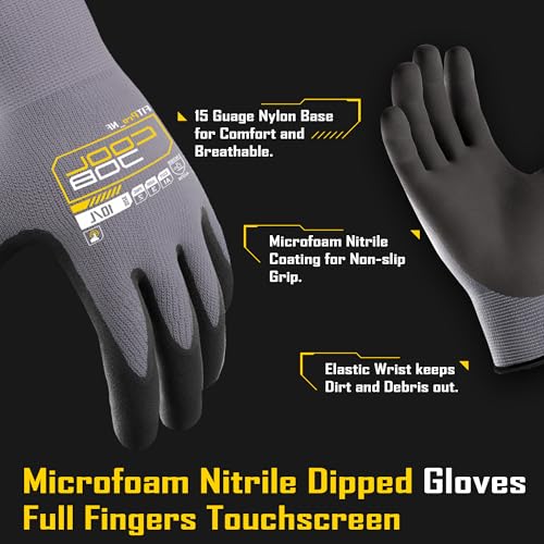 COOLJOB 3/12/36 Pairs Safety Work Gloves, Microfoam Nitrile Rubber Coated | Grip Nitrile Dipped Gloves with Full Fingers Touchscreen, Seamless Knit Nylon Gloves for Warehouse, Home Improvement, Xlarge - size: X-Large, style: 3 Pairs