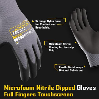 COOLJOB 12 Pairs Safety Work Gloves, Microfoam Nitrile Rubber Coated | Grip Nitrile Dipped Gloves with Full Fingers Touchscreen, Seamless Knit Nylon Gloves for Warehouse, Home Improvement, Large - size: Large, style: 12 Pairs