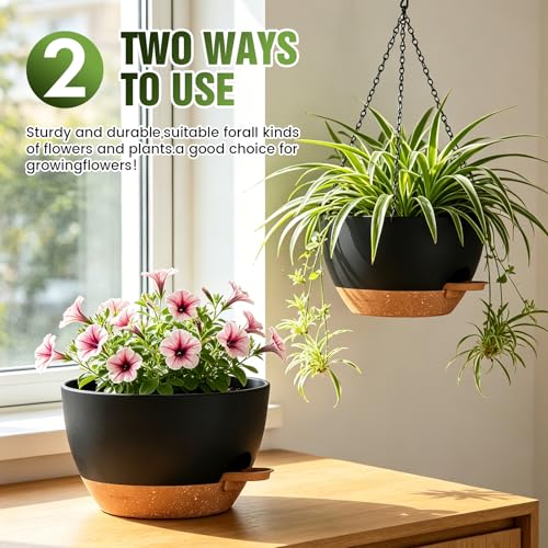 12 Inch Large Self Watering Hanging Planters 2 Pack with Saucers - color: Black Brown, size: 12 Inch 2 Pack