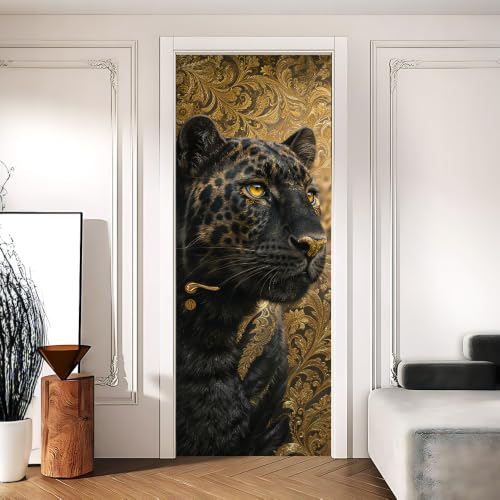 Black Panther Gold Damask Portrait Door Mural 30.31x78.74in - color: Colorful1084