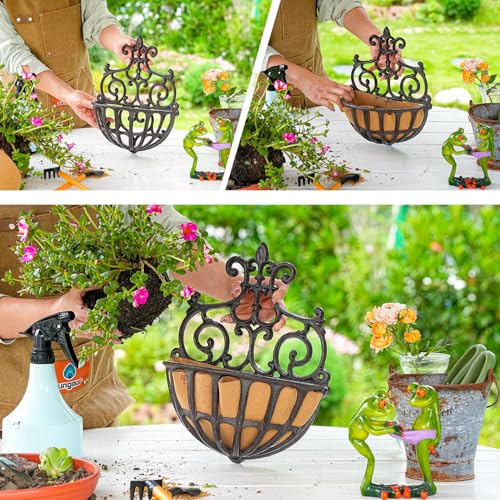 Sungmor 2PC Small Cast Iron Baskets, Heavy-Duty Wall Hanging Hollow Planter w/Fabric Liner, Antique Victoria Half Round Wall Pot Plants Holder, Outdoor Railing Fence Balcony Hanging Basket Flower Pot | Antique Victoria Half Round Wall Pot Plants Holder, O