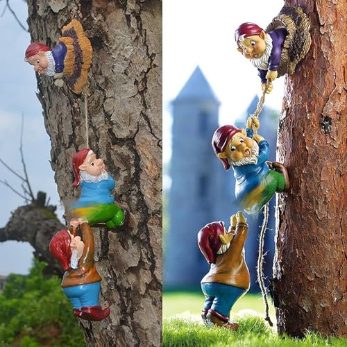 Climbing Gnome Patio Statue Gift,Outdoor Garden Fairy Elves Accent,Whimsical Gnomes Lawn Ornament Sculpture,Hanging Gnomes Yard Art, Funny Resin Decor,Clearance Tree Face Hugger Figurine - color: Multi Brown
