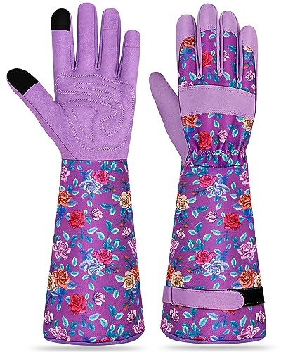 Long Gardening Gloves for Women Thorn Proof Leather Garden Gloves Breathable Working Gloves for Women Yard Outdoor - color: Deep Purple-laege