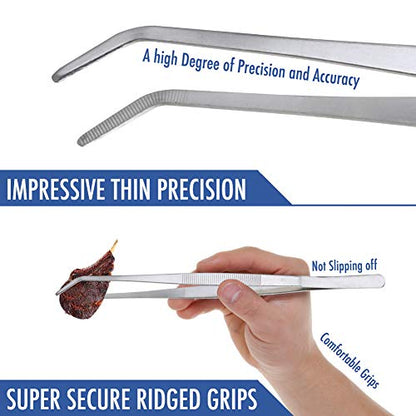 12 Inch Kitchen Long Tweezers Tongs | Cooking Tweezers Stainless Steel, Ideal for Meat Pasta Plating Pinching Delicate Small Pieces of Food - style: Curved Tip - 12"