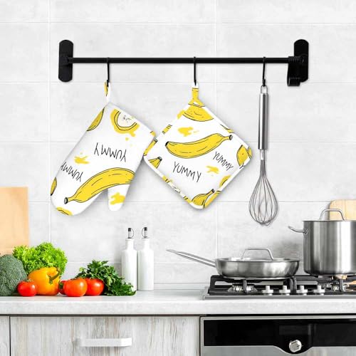 Mxocom Banana with Slices Oven Mitts and Pot Holders Sets Yummy Yellow Banana Silicone Heat Resistant Kitchen Oven Gloves Pot Holder for Cooking - color: Banana With Slices