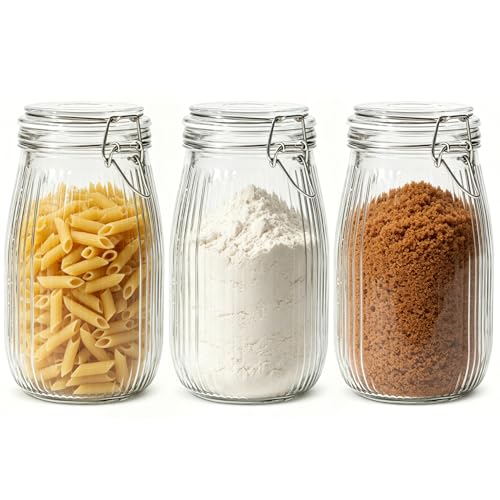 ComSaf Ribbed Glass Jars with Airtight Lids 51oz 3 Pack Wide Mouth Bulk | BPA-free food-grade glass, ribbed texture, bulk flour & rice, deep cabinet fit, one-hand latch, pantry organization - size: 51oz*3-Ribbed