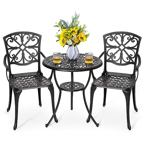 NUU GARDEN 3 Piece Outdoor Bistro Set Cast Aluminum Patio Set Bistro Table Set Rustproof Patio Table and Chairs with Umbrella Hole for Backyard, Balcony, Front Porch, Black - color: Black, size: No cushion