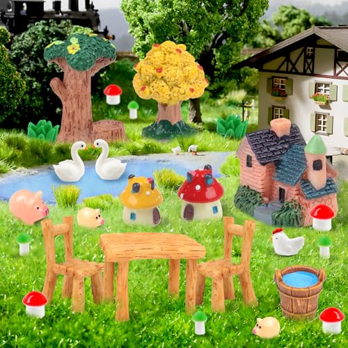 QUOZUO 50 Pcs Fairy Garden Miniatures Accessories Bridge House Landscape Water Well Animal Fence Tree Stone Chair Table Pond Mushroom Lawn Ornament for DIY Craft Mini Garden Scenery Succulent Decor