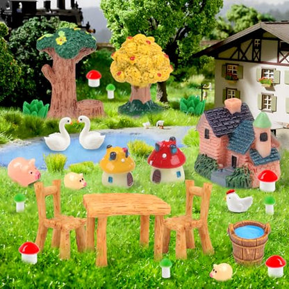 QUOZUO 50 Pcs Fairy Garden Miniatures Accessories Bridge House Landscape Water Well Animal Fence Tree Stone Chair Table Pond Mushroom Lawn Ornament for DIY Craft Mini Garden Scenery Succulent Decor
