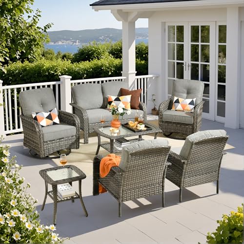 7 Piece Wicker Patio Furniture Set with Swivel Chairs, Dark Gray - color: Dark Gray, size: 7 Pcs Patio Set