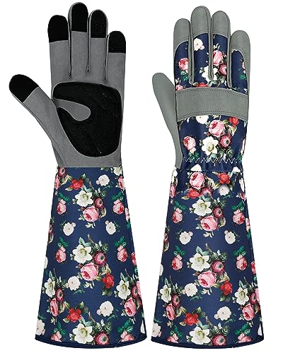 Long Gardening Gloves for Women Thorn Proof Leather Garden Gloves Breathable Working Gloves for Women Yard Outdoor - color: Grayish Blue-large