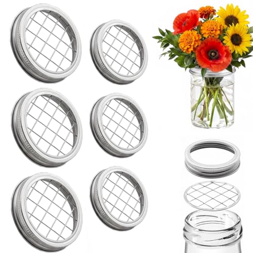 6 Pack Metal Flower Mason Jar Lid Insert with Lid - Wide Mouth Mason Jar Flower Organizer Lids Insert with Square Grids for Vase Display, Flowers Arrangement, Wedding & Home Decor (6 Insert with Lid) - color: 6 Silver Insert & 6 Lid