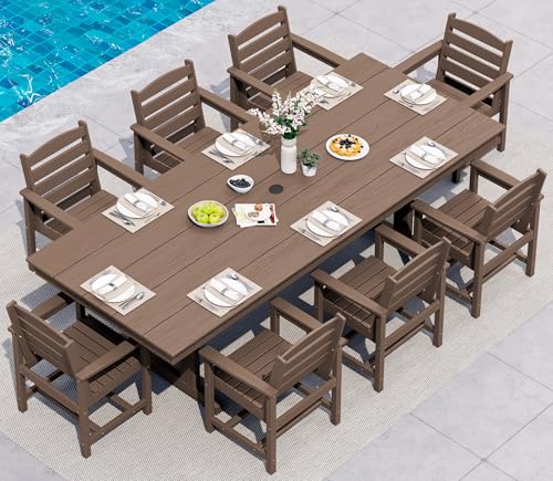 SERWALL 9Pcs 84" HDPE Outdoor Dining Set for 8 with Armchairs,Brown - color: Brown, size: 9-Piece (1 Table + 8 Armchairs)