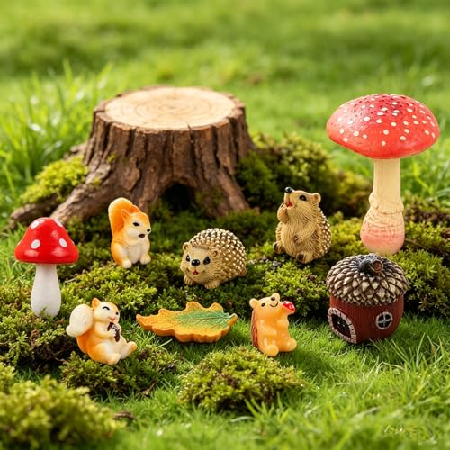Miniature Squirrel Hedgehog Mushroom Decor – Resin Figurines for Fairy Garden Landscape, Bonsai & Home Ornament,Fall Decor