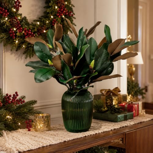 2 Pcs Magnolia Artificial Leaves Branches 25.6 Inch 3D Real Touch Faux Magnolia Stems Fake Magnolia Twigs for Indoor Outdoor Vase Filling Home Wedding Floral Arrangement Decoration - color: (H) 2 Pcs 25. 6 Inch Green