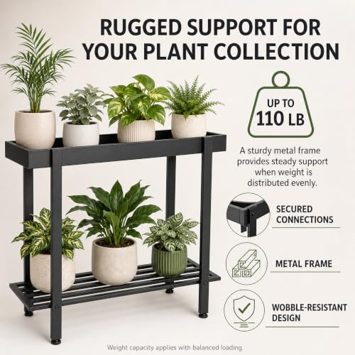 Honla 2 Tier Metal Plant Stand,Indoor Outdoor Plant Table for Window,Black | 26"L x 8.66"W x 24.40"H,Protective Raised Rim,Drainage Holes,Adjustable feet,110 lbs Weight Capacity,Rugged and Wobble-Free - color: Black