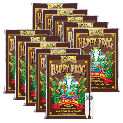 FoxFarm Happy Frog Potting Soil with 2 Plant Tags, 2cu ft (10 Pack) | Ready-to-Use Amended Container Blend with Soil Microbes, Earthworm Castings, Bat Guano, and Aged Forest Products - size: 2 Cu Ft + Tags (10 Pack)