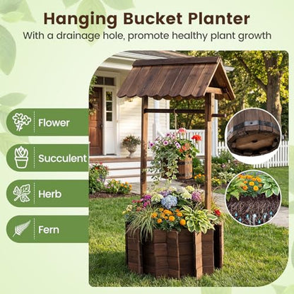 Giantex Wooden Wishing Well Planter with Hanging Bucket, Carbonized Fir Wood Outdoor Garden Planter for Flowers, Rustic Decorative Flower Pot for Yard Patio Deck Home Decor