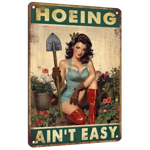 PEACHGARDEN Hoeing Ain't Easy Garden Sign, Funny Garden Signs for Outside | 8x12 metal sign for outside with vintage garden artwork, pre-drilled holes, ideal for patios, sheds and greenhouses. - color: Garden Signs, size: 20X30cm(12*8in)