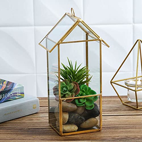 Gold Geometric Hanging Glass Terrarium for Succulent & Air Plant Tabletop Centerpiece Home Office Decor Gift Idea - 11" House Lantern - color: Gold Home Lantern