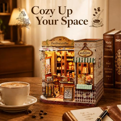 Book Nook DIY Miniature House Kit, 3D Wooden Puzzle Coffee House Dollhouse with Light & Tools, Creative Bookshelf Insert Craft Gifts for Adults Teens (Pavilion Coffee House) - color: Pavilion Coffee House