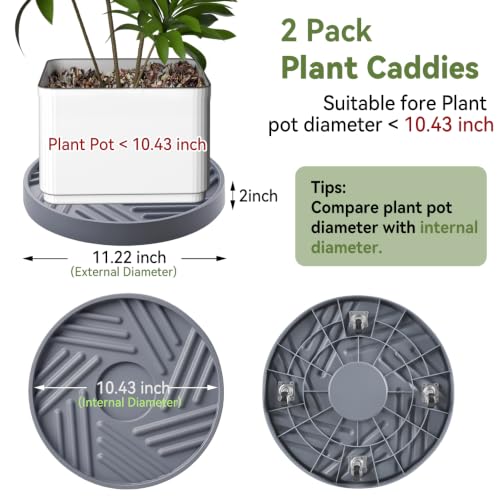 2 Pcs Plant Caddy with Hidden Wheels 11.22 Inch Heavy Duty Rolling Plant Stand, Indoor Outdoor Plant Saucer Tray with $9.9 Garden Tools (Gray) - size: 11.22 Inches of 2 Pack (Gray)