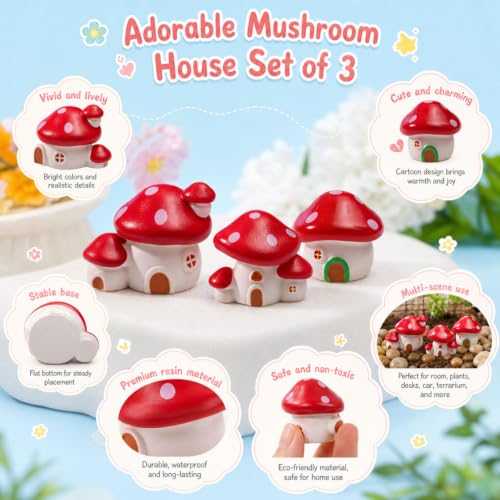 Miniature Resin House Figures Set - Tiny Fairy Garden Buildings & Mushroom Castle for Terrarium, Dollhouse Decor, DIY Landscape Ornaments, Potted Plants (3PCS Cartoon Mushroom Houses)